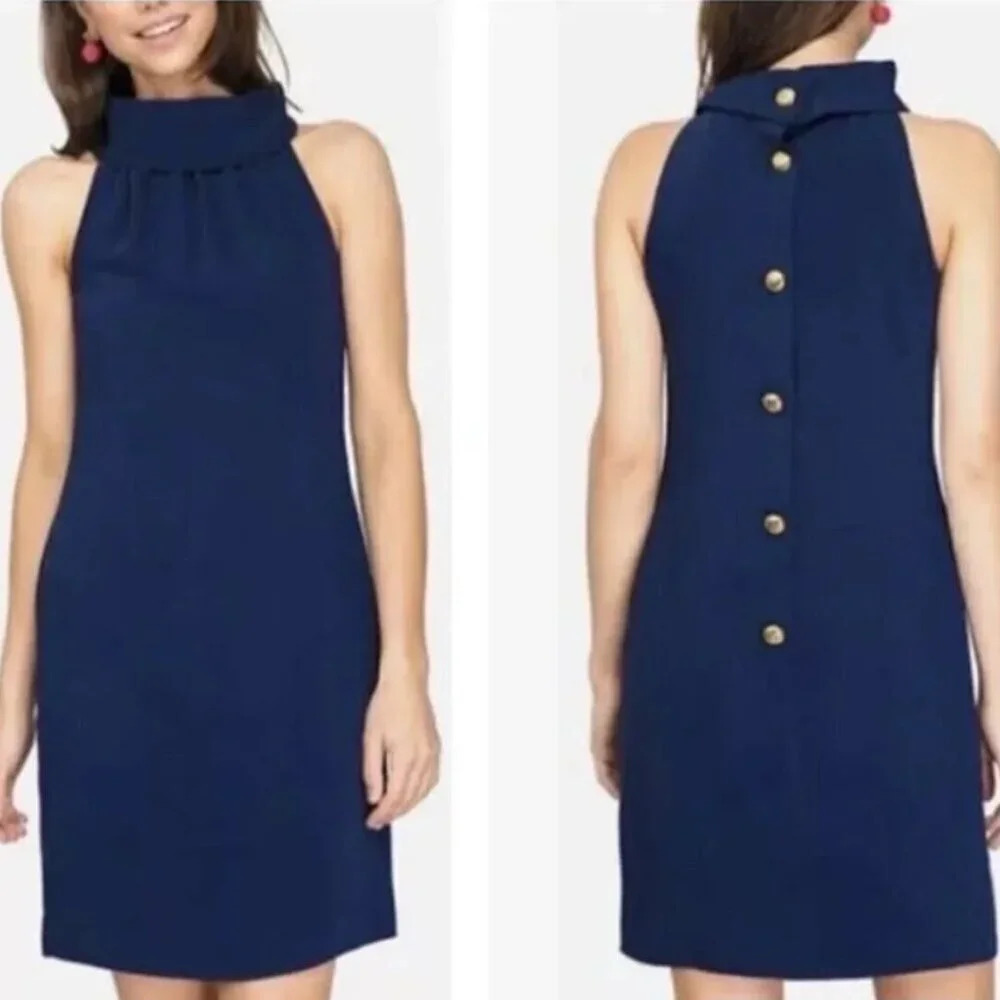 Sail To Sable Navy Blue Button Back Shift Dress 33310